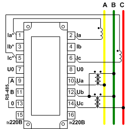 Трёхпроводная схема подключения СПЦ (вид спереди)