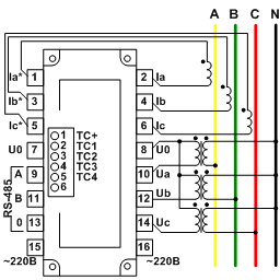 Четырёхпроводная схема подключения СПЦ (вид спереди)